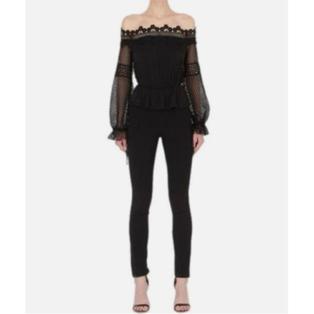 Self Portrait Black Off The Shoulder Jumpsuit Lace Mesh Sleeves Cocktail Size 6